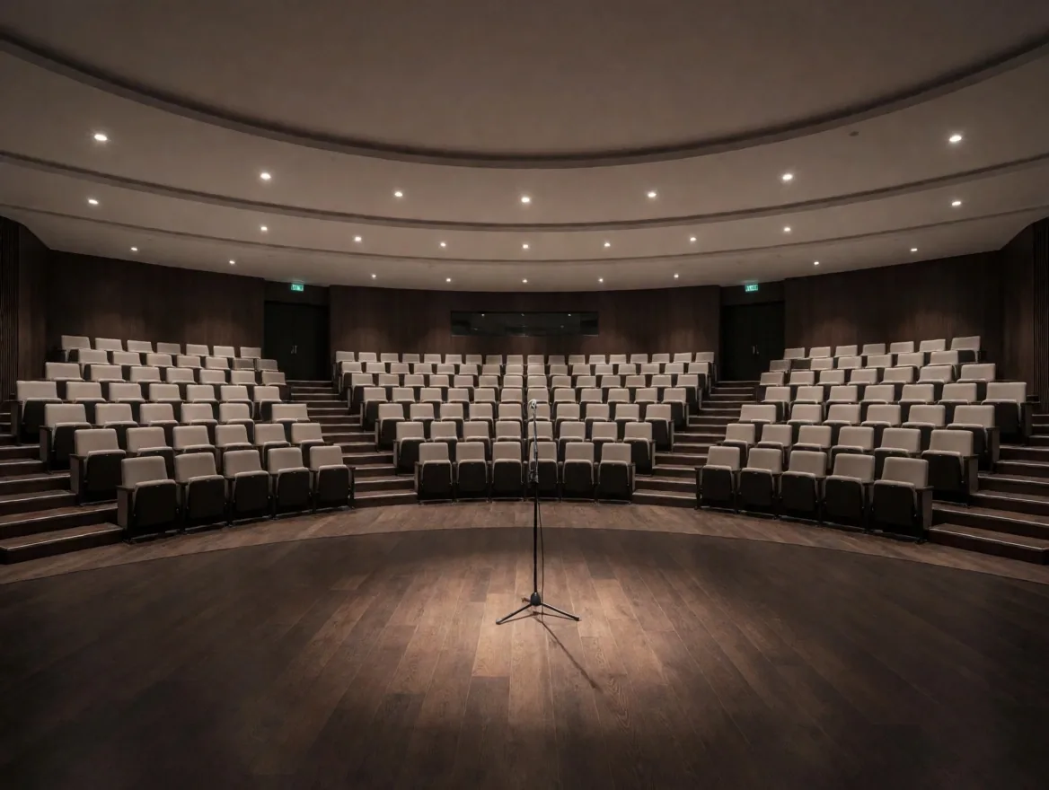 Panggung public speaking dengan kursi audiens tersusun amphitheater