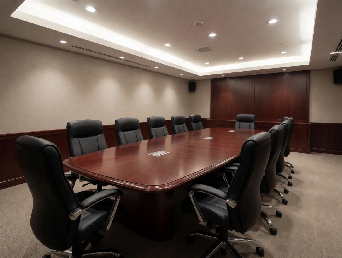 Ruang boardroom simulation dengan meja oval dan sistem konferensi video