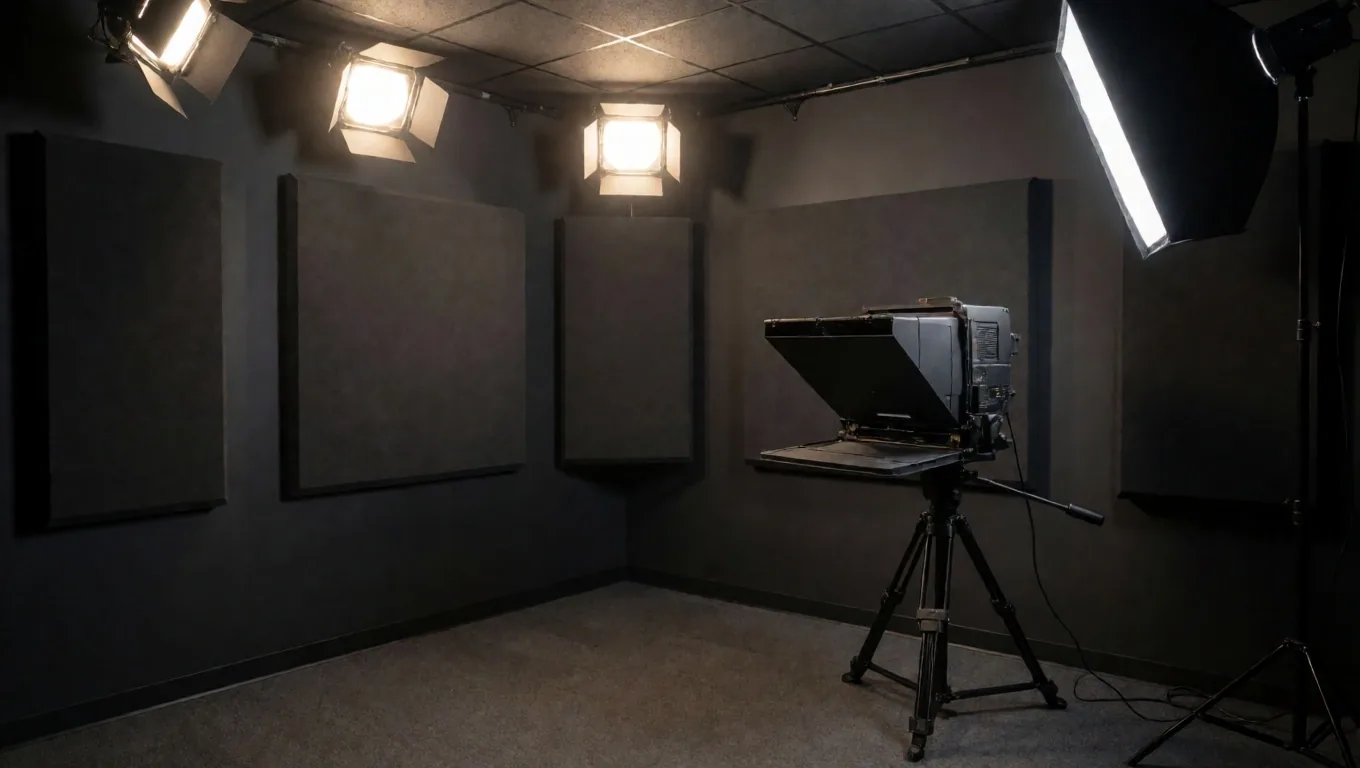 Studio penyiaran ASME Lab dengan sistem pencahayaan tiga titik dan teleprompter profesional
