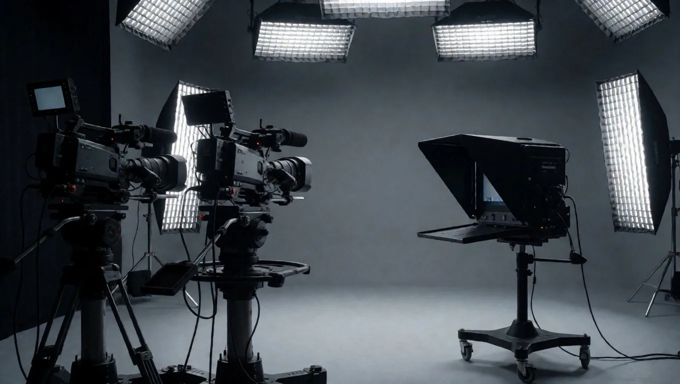 Interior studio pelatihan broadcasting ASME dengan teleprompter dan pencahayaan profesional