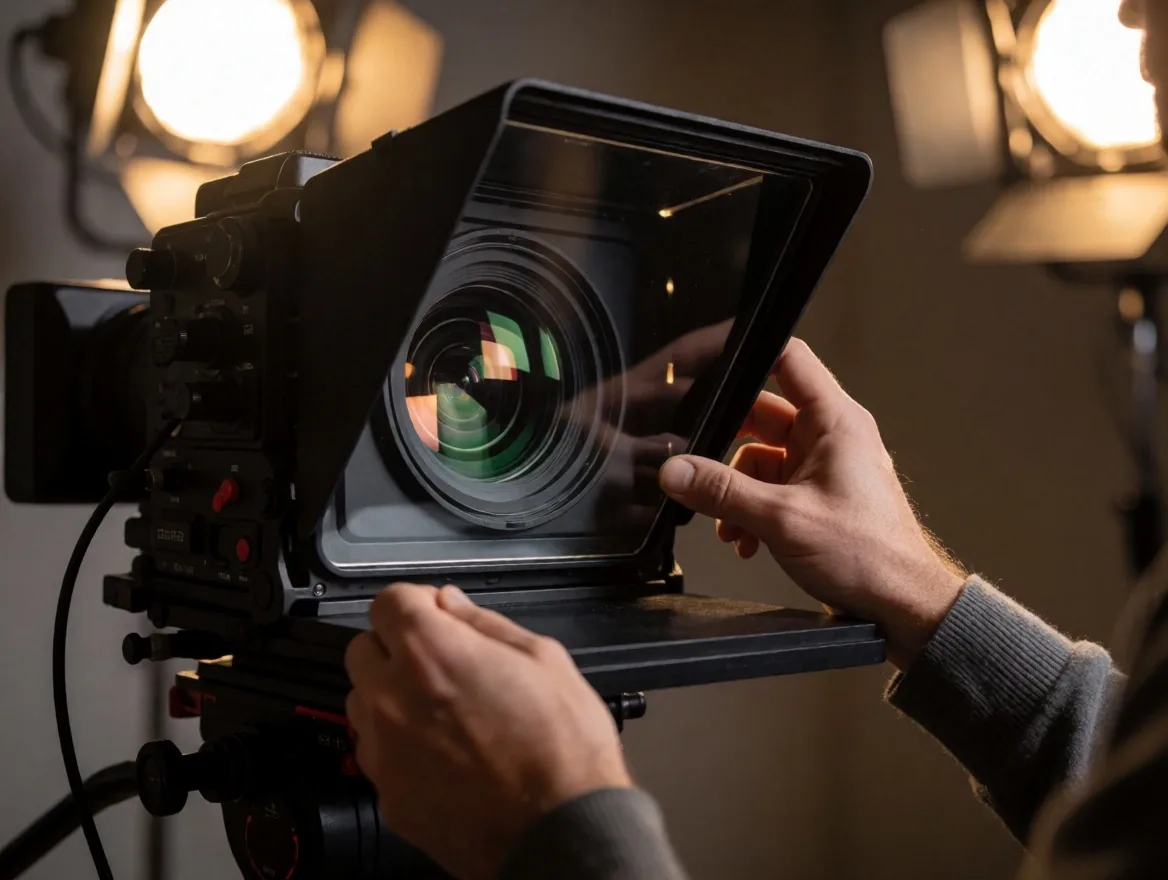 Pelatih studio ASME menyesuaikan teleprompter pada kamera siaran