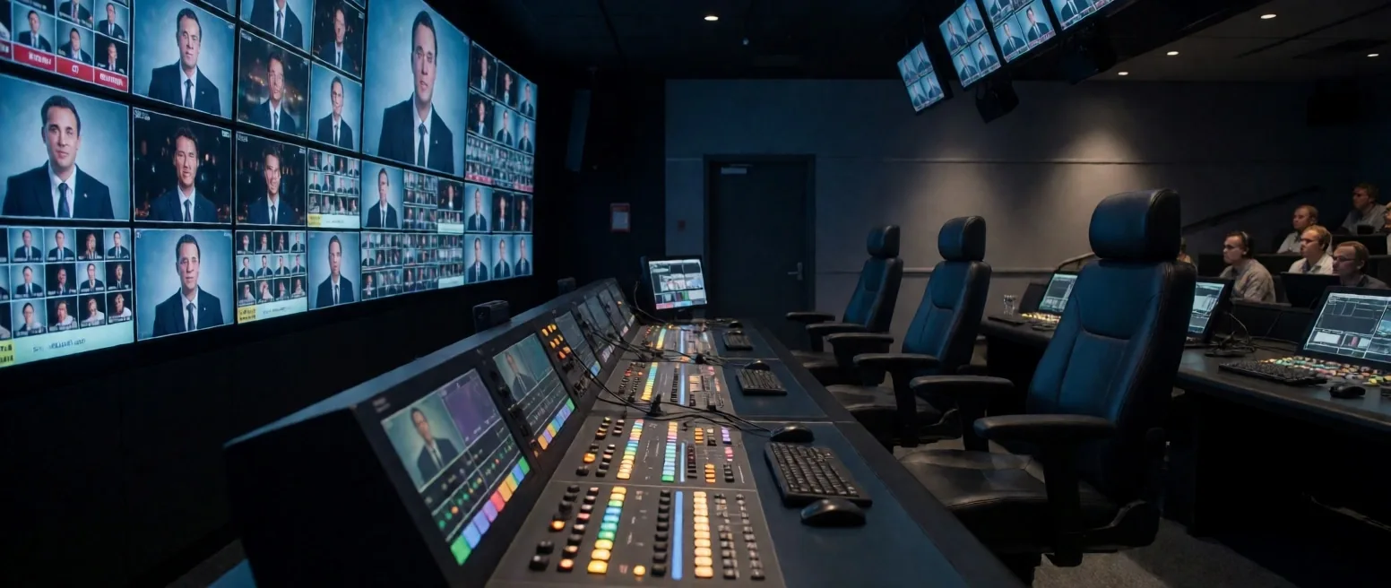 Ruang kendali studio ASME dengan monitor多重 dan konsol audio untuk simulasi siaran langsung