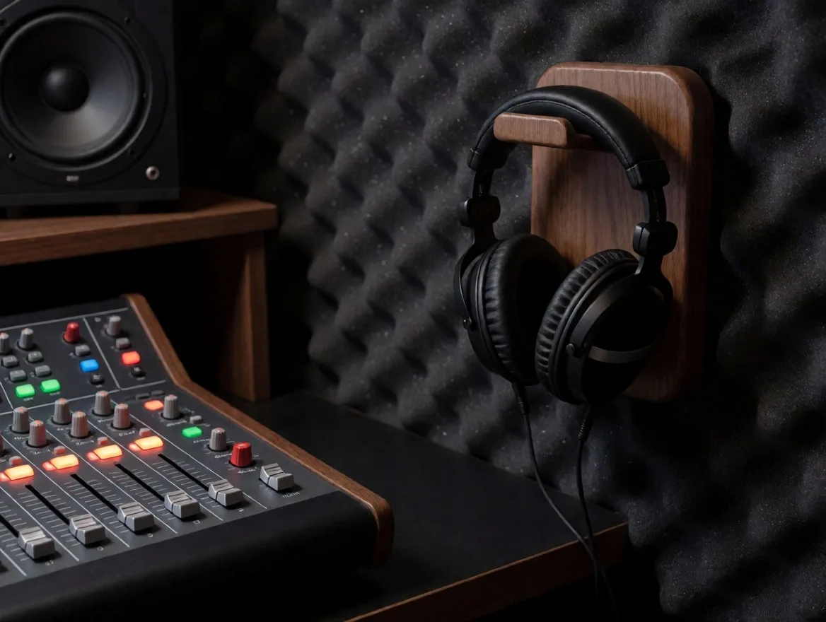 Booth rekaman podcast dengan mikrofon dan panel peredam suara