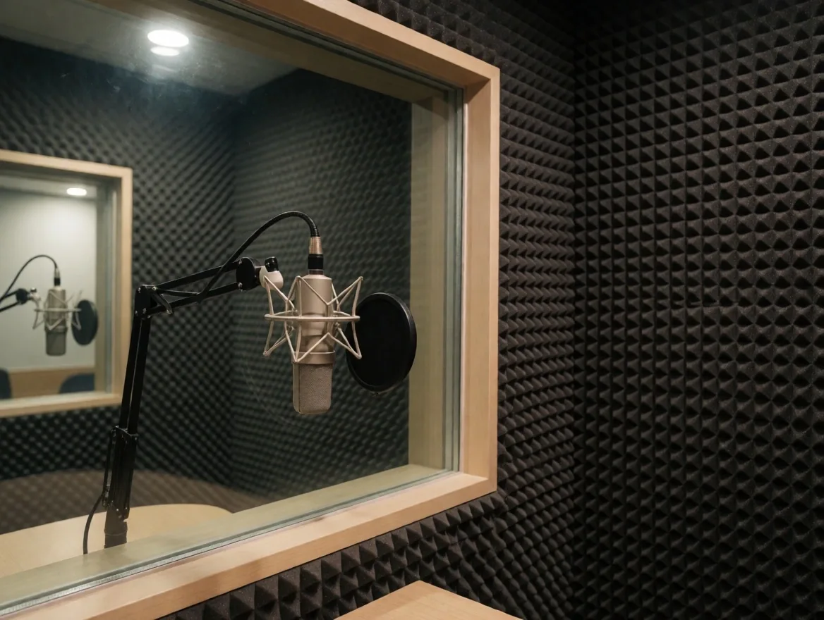Studio siaran profesional dengan kamera, teleprompter, dan meja anchor