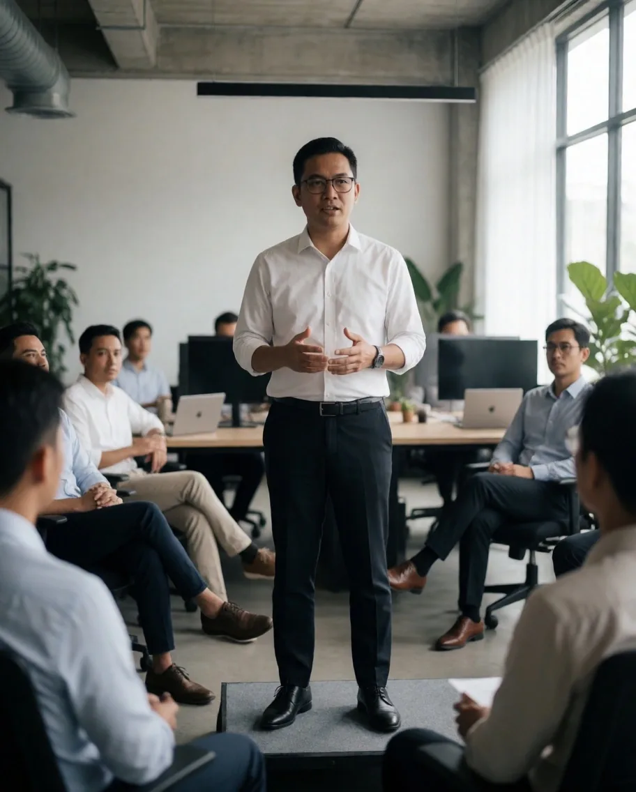 Town hall meeting untuk komunikasi internal tim di kantor korporat