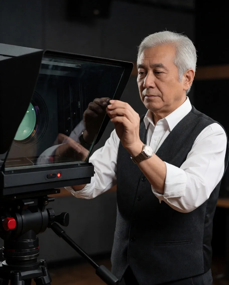 Instruktur senior ASME Lab menyiapkan peralatan teleprompter di studio pelatihan