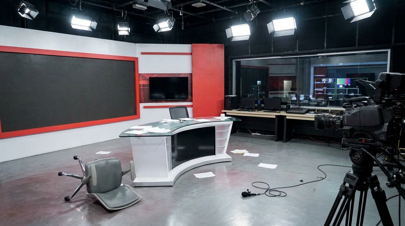 Interior studio pelatihan broadcasting ASME Lab dengan perangkat teleprompter dan pencahayaan profesional